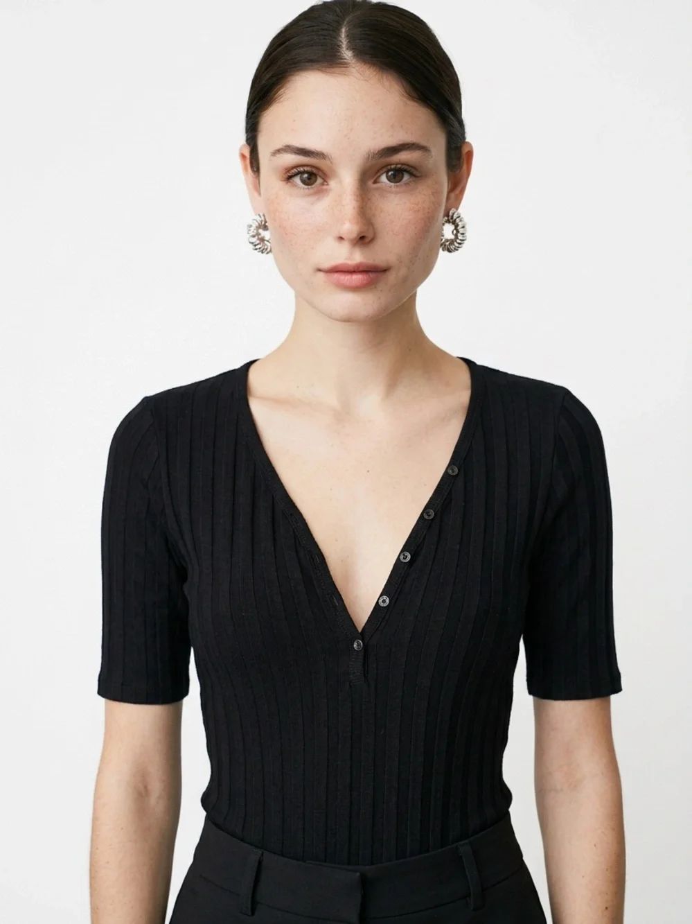 HOUSE OF HARLOW 1960 | NEW Ribbed Short-Sleeve Black Bodysuit Women’s Size Small